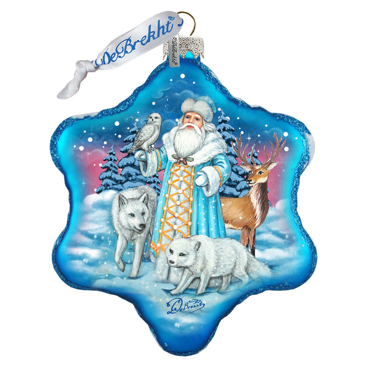 Santa Arctic Story Snowflake Glass Ornament by G. DeBrekht - Christmas Santa Snowman Decor - 754-011B