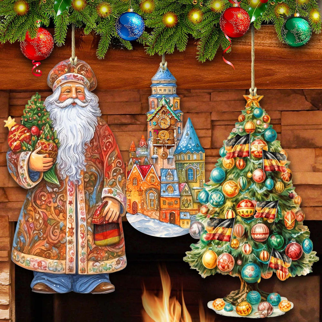 Santas Around the World - German Inspired Santa - Eco Wood Ornaments Set of 3 by G. DeBrekht Christmas Santa Snowman Decor - 8091304S3