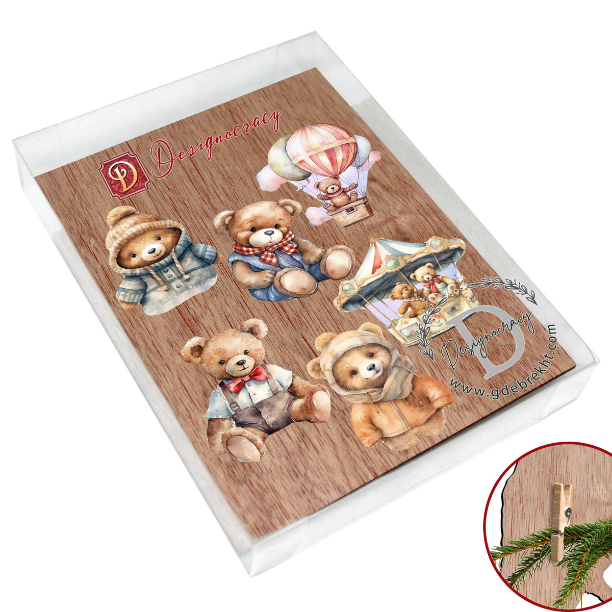 Teddy Bear Clip-On Eco Wood Decorative Ornaments Set of 6 by G. Debrekht - Christmas Decor - 8090025C-S6