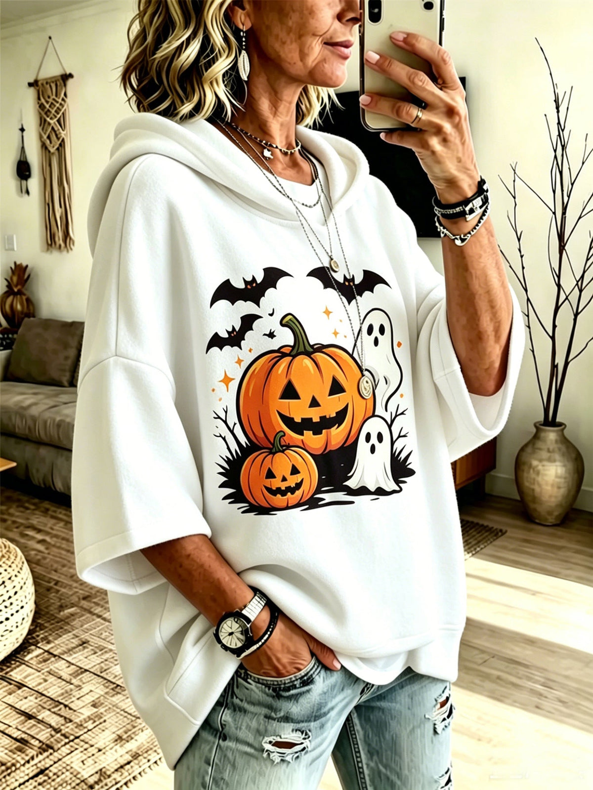 Digital-print Halloween Casual Loose-fit Hooded Sweatshirt