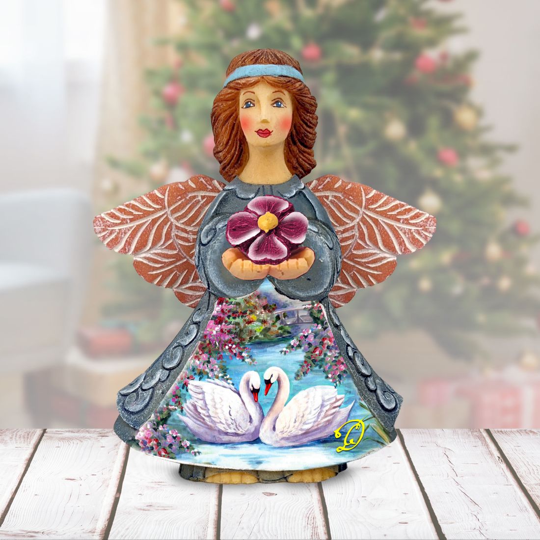 Swans Angel Handcrafted Christmas Figurine - G. DeBrekht - Nativity Holiday Decor - 516658