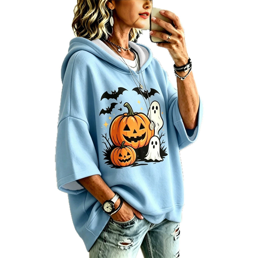 Digital-print Halloween Casual Loose-fit Hooded Sweatshirt