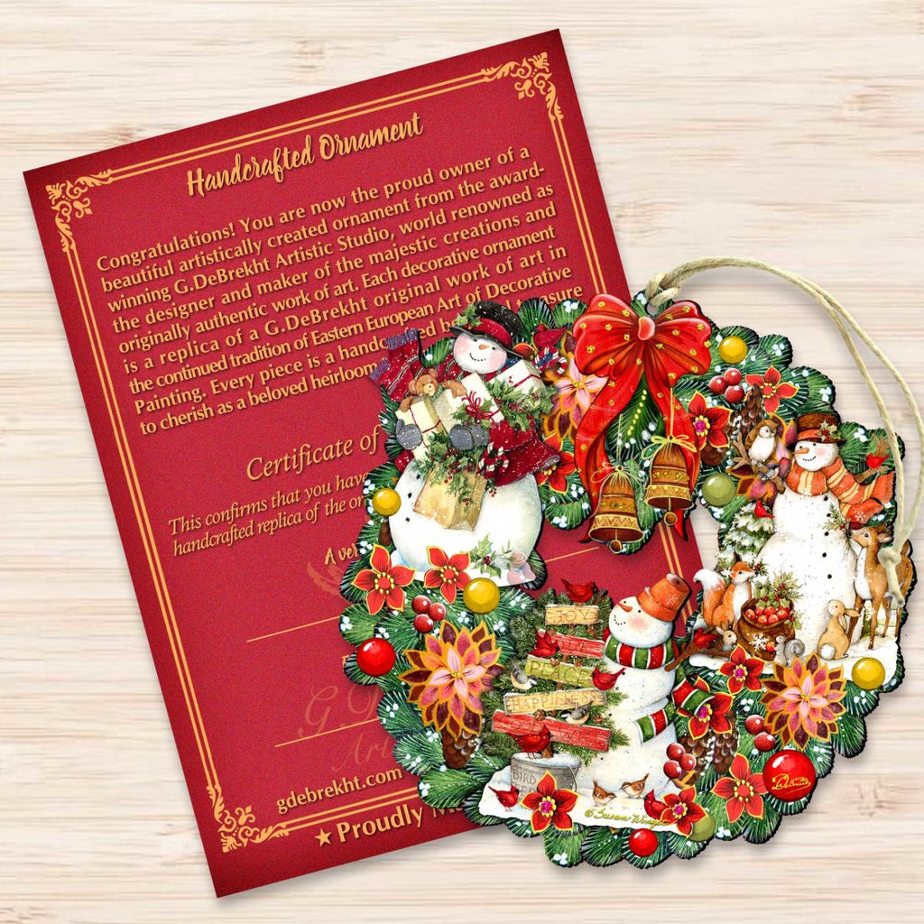 Snowy Christmas Wreath Wooden Ornaments by G. Debrekht and Susan Winget - Santa and Snowman Decor - Item 8185307-4-SW