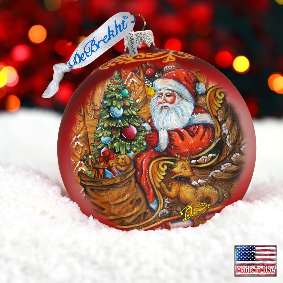 Santa on the Road Glass Ornament Limited Edition by G. DeBrekht - Christmas Santa Snowman Decor - 73915
