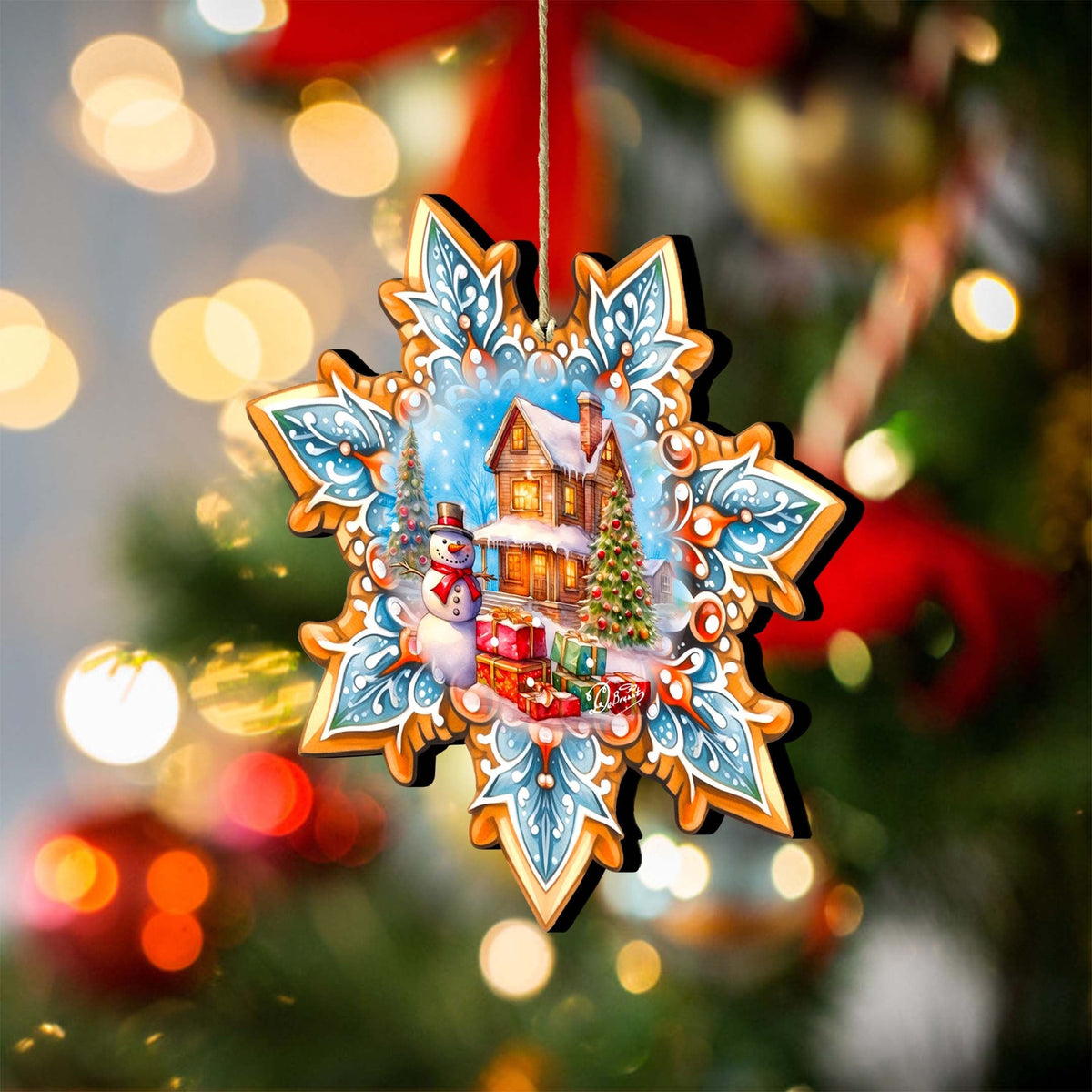 Snowman's Gifts Snowflake Wooden Ornaments by G. Debrekht - Christmas Santa Snowman Decor - 8688404