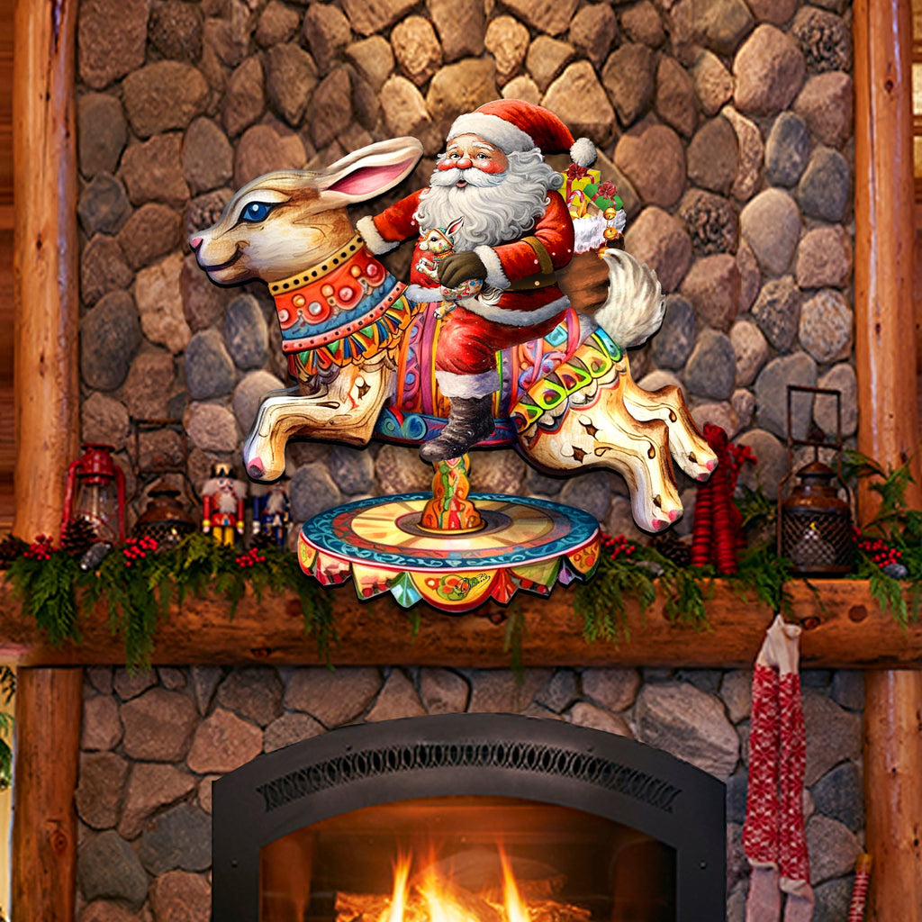 Santa Claus on Bunny Carousel Holiday Door Decor by G. Debrekht - Christmas Santa Snowman Decor - 8611067H