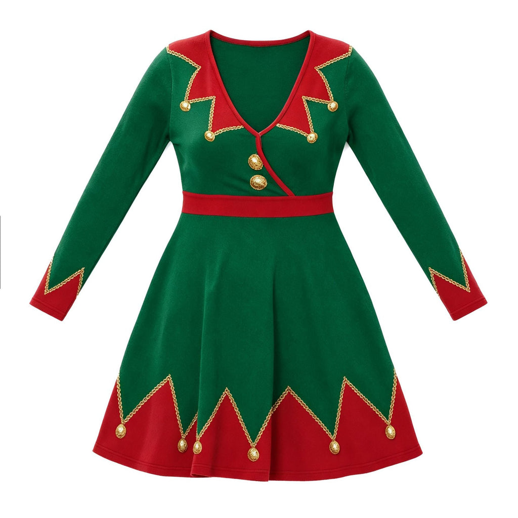 Contrast-color Long-sleeve V-neck Christmas Party Dress For Women