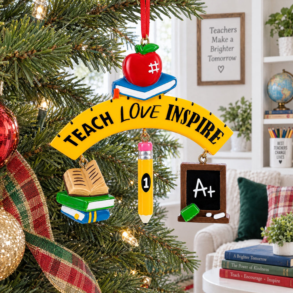 Teach Love Inspire Teacher Apple Books Resin Christmas Ornament