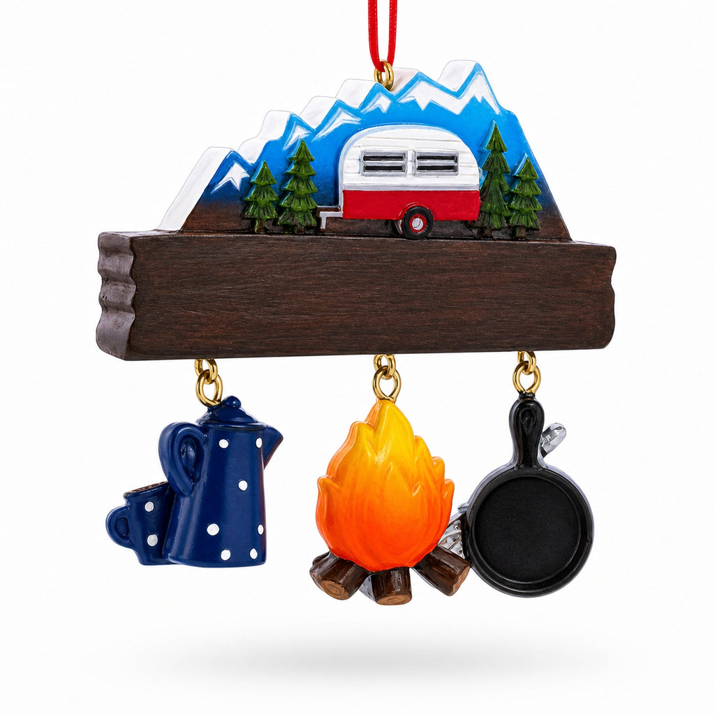 Happy Camper Retro RV Mountain Sign Resin Christmas Ornament