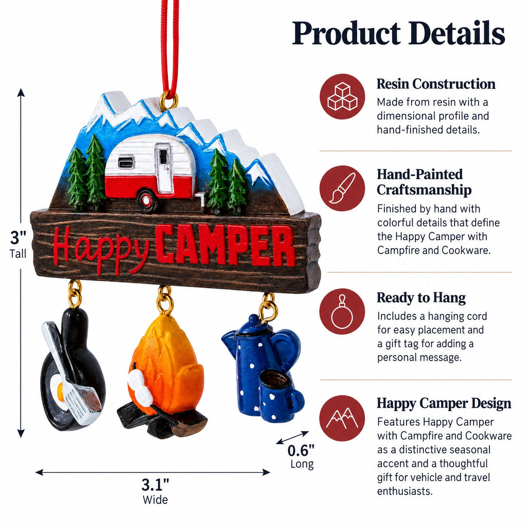 Happy Camper Retro RV Mountain Sign Resin Christmas Ornament