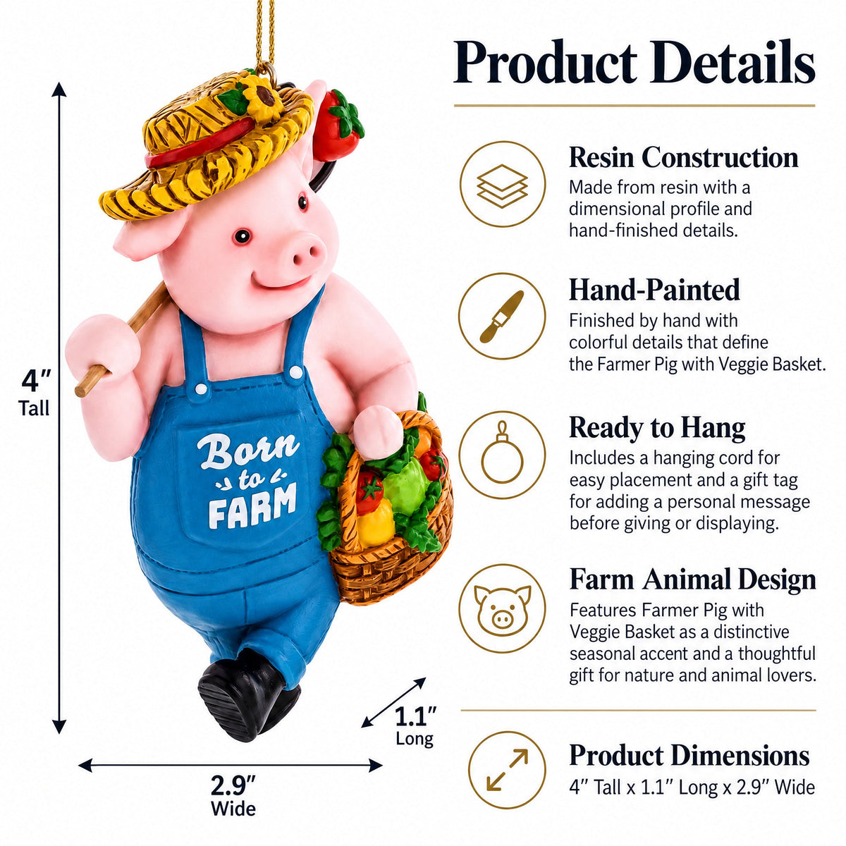Born to Farm Pig Farmer with Vegetable Basket Resin Christmas Ornament