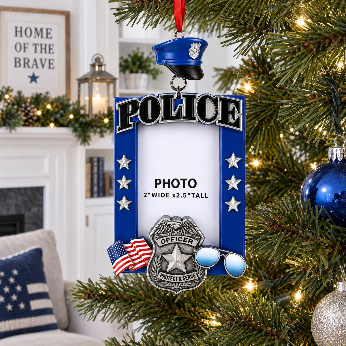 Police Officer Badge and Hat Picture Frame Resin Christmas Ornament