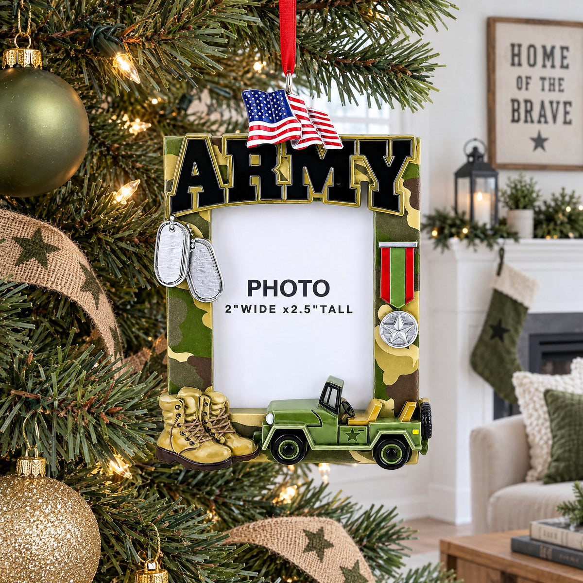 US Army Camo Patriotic Picture Frame with Medal Resin Christmas Ornament