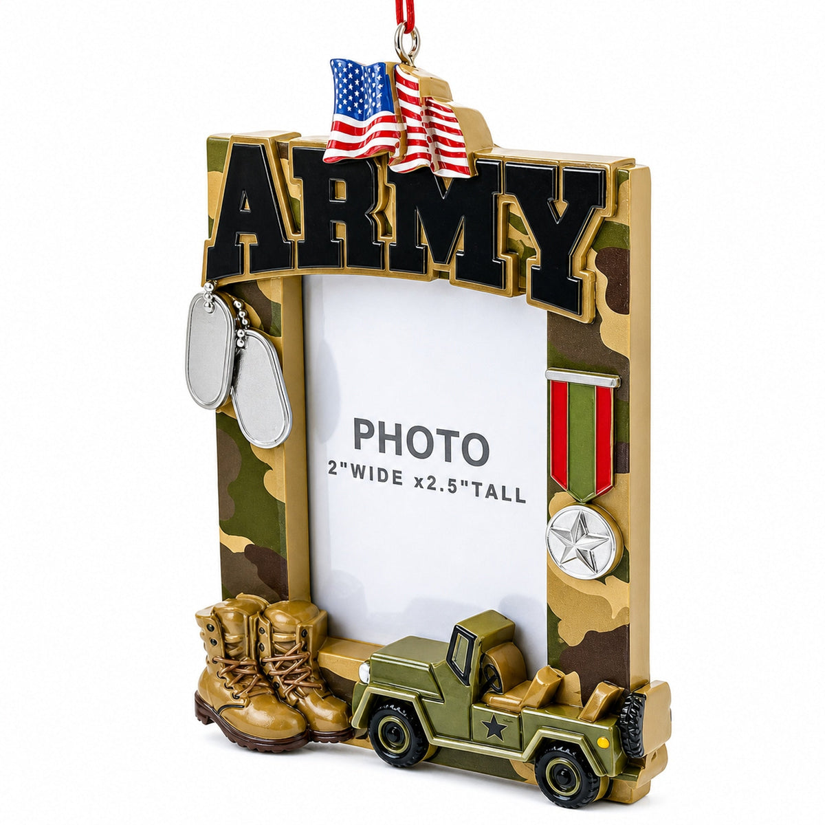 US Army Camo Patriotic Picture Frame with Medal Resin Christmas Ornament
