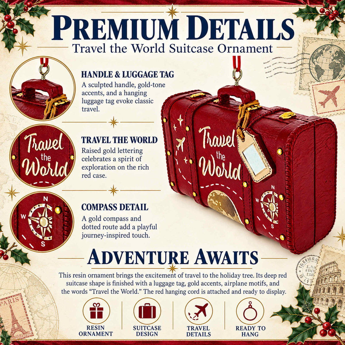 Travel The World Red Vintage Suitcase Luggage Resin Christmas Ornament