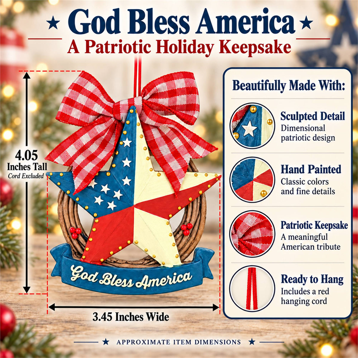 Americana Patriotic Star Wreath God Bless America Resin Christmas Ornament