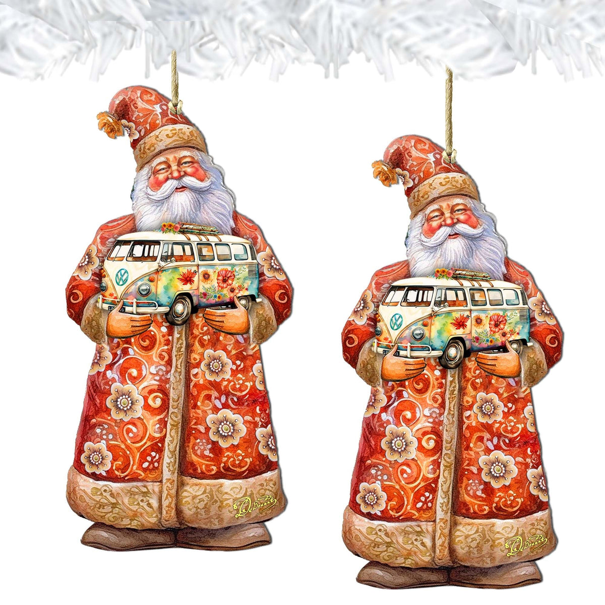 Santa with Van Wooden Ornaments by G. Debrekht - Christmas Santa Snowman Decor - 8691407