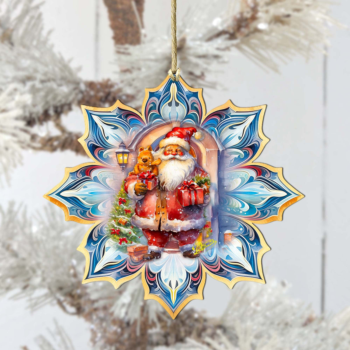 Santa with Gifts Snowflake Large Wooden Ornament by G. Debrekht - Christmas Santa Snowman Decor - 8688421M