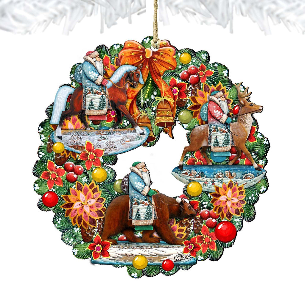 Traveling Santa Wreath Wooden Ornaments by G. DeBrekht - Christmas Decor - 8185307-2