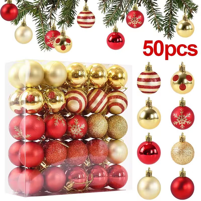 50 pcs/box: 2025 Gold Red Hanging Christmas Tree Ball Ornaments, 2026 Home Holiday Decorations & New Year Gifts