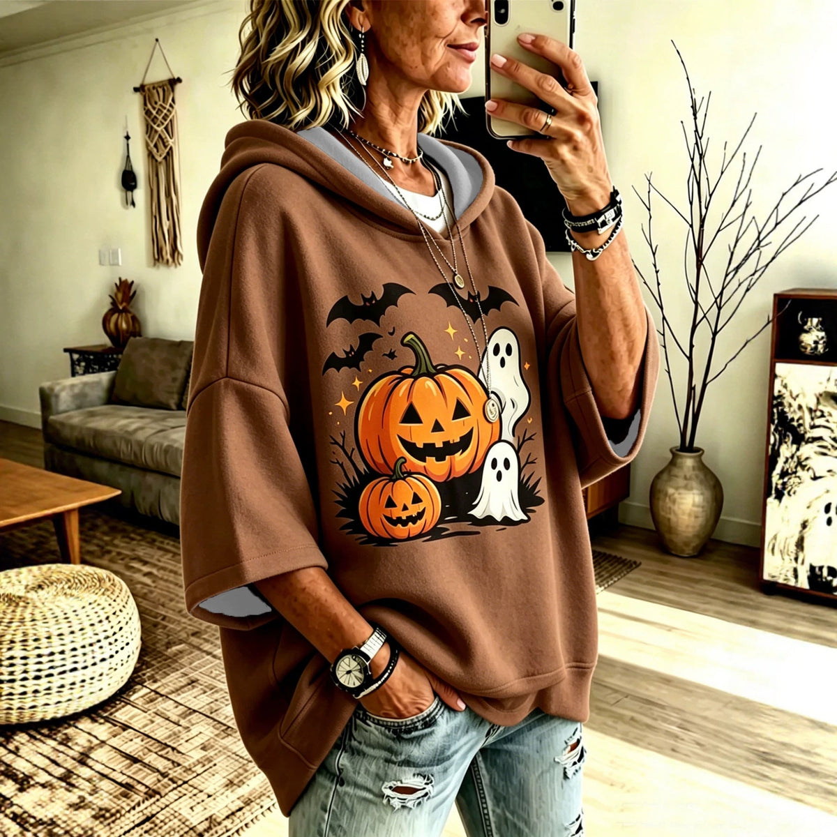 Digital-print Halloween Casual Loose-fit Hooded Sweatshirt