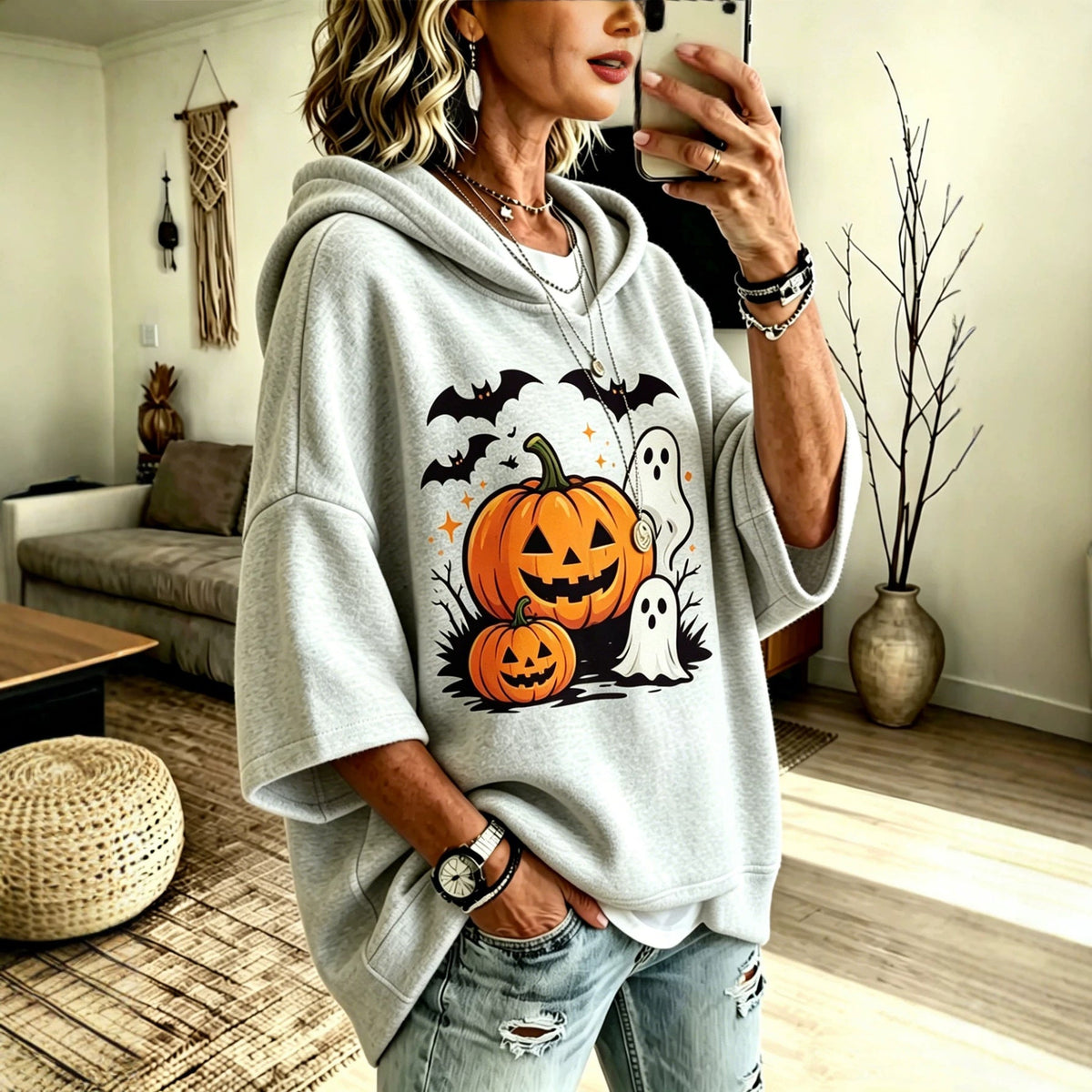 Digital-print Halloween Casual Loose-fit Hooded Sweatshirt