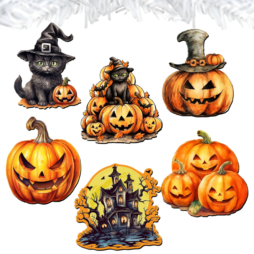 Spooky pumpkins Clip-On Eco Wood Decorative Ornaments Set of 6 by G. Debrekht - Halloween Decor - 8090019C-S6
