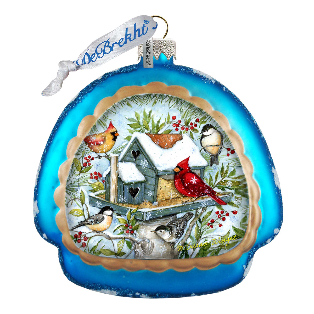 Mercury Glass Birdhouse - Winter Cardinals - Christmas Tree Decor by Susan Winget - Welcome Winter - Handmade Gift - Handblown Glass - 756-115-SW