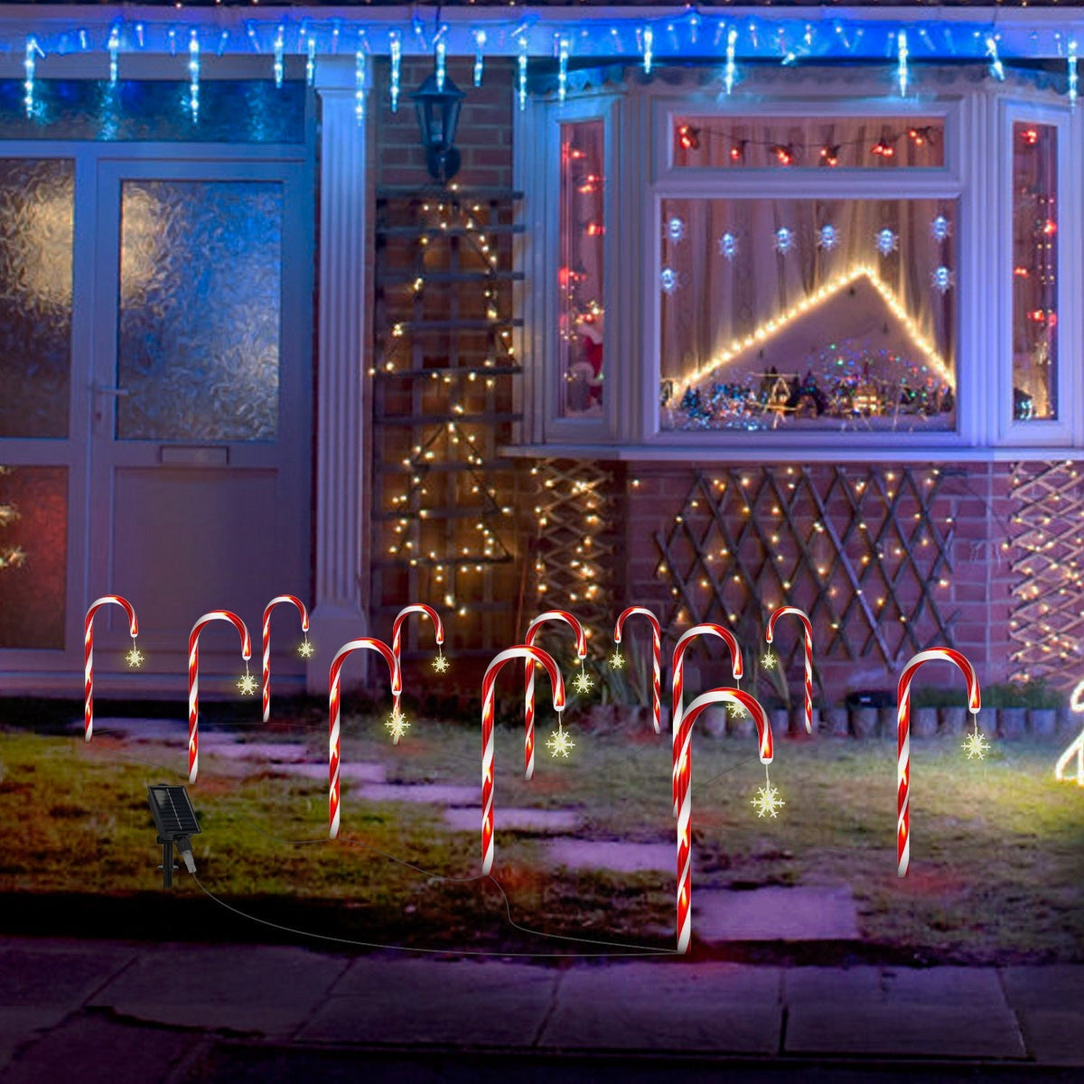 Solar Christmas Candy Cane Lights with 12 Candies 72LEDs Outdoor Christmas Decorations IP44 Waterproof Flickering Pathway Markers String Lights with 8