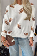 Sequin Football Print Round Neck Long Sleeve Loose Fit Sweater
