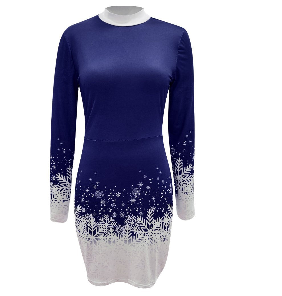 European And American Christmas Printed Long Sleeve Dress A-lineskirt Women