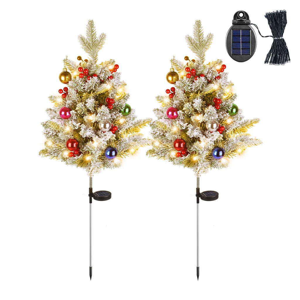 2Pcs Solar Powered Lighted Christmas Tree Urn Filler With Light Artificial Xmas Trees Light with Berries Decor Balls LED Pathway Pine Tree IP44 Waterp