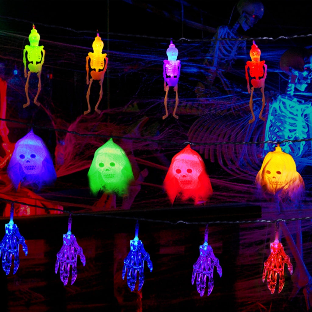 3Pcs Halloween Light Decorations Total 50 LEDs 24ft Halloween String Lights Colorful 3D Skeleton Ghost String Lights Gauze Skull String Lights Spooky