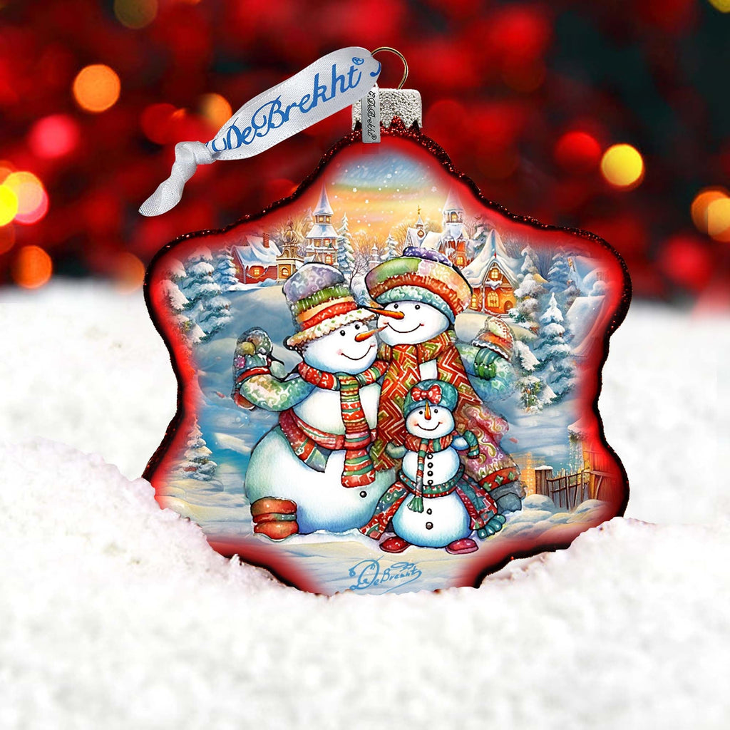 Cheerful Snowmen Snowflake Glass Ornament by G. Debrekht - Christmas Santa Snowman Decor - 754-046