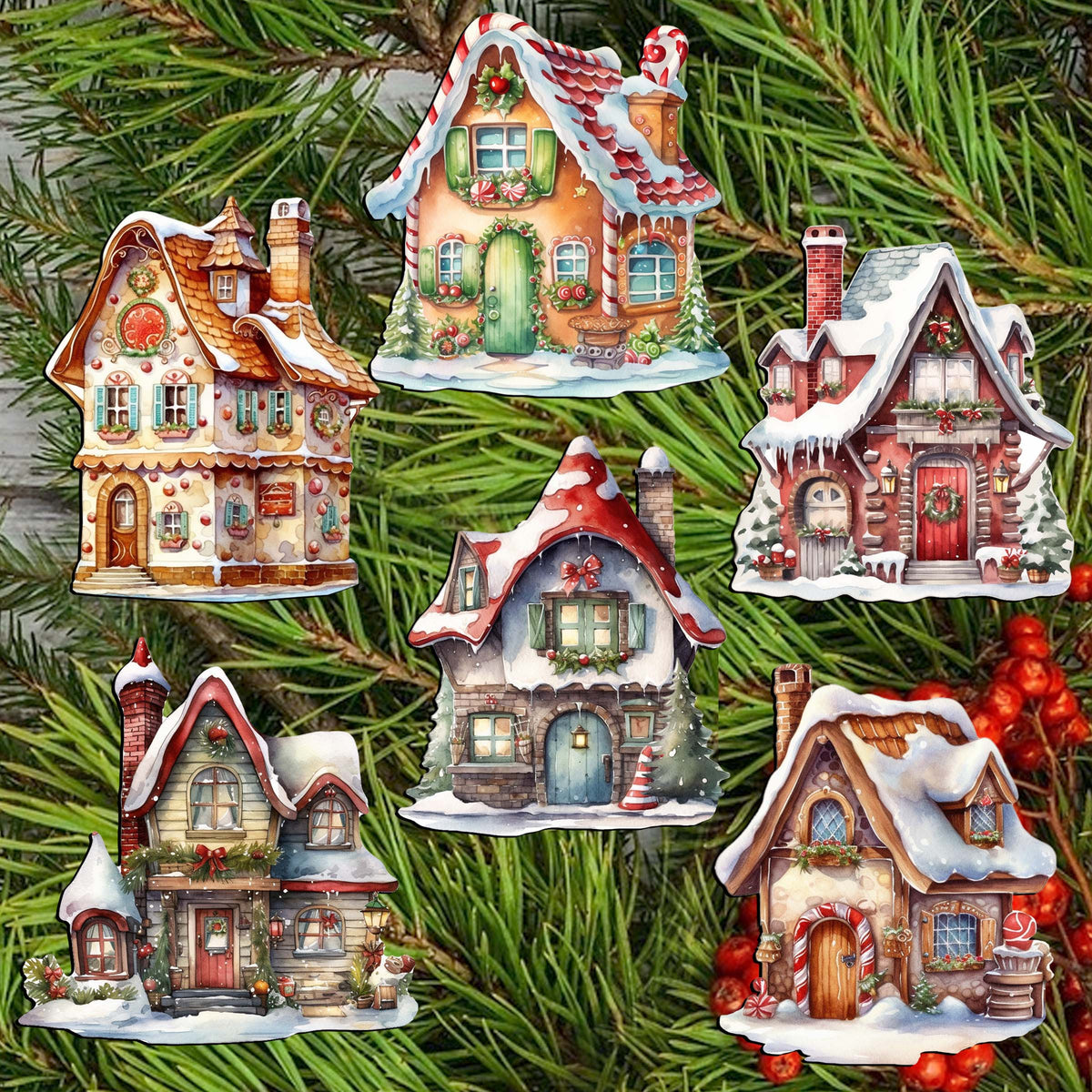Christmas Houses Clip-On Eco Wood Decorative Ornaments Set of 6 by G. Debrekht - Christmas Decor - 8090024C-S6