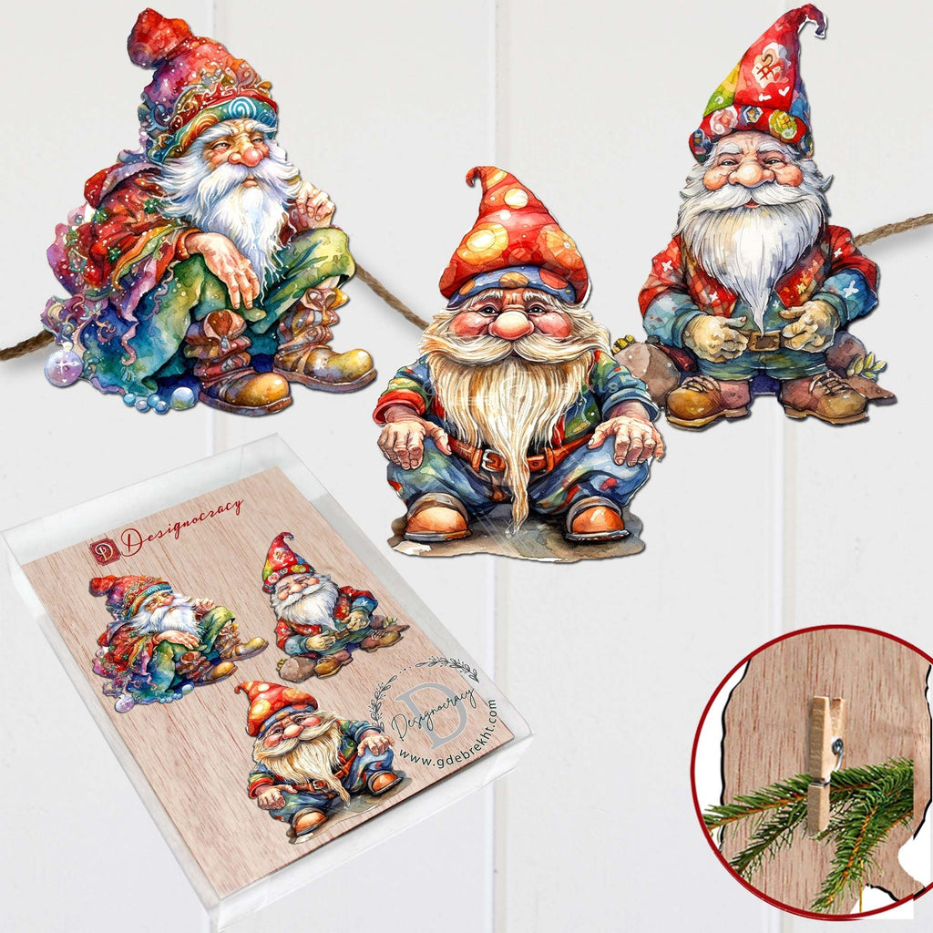 Christmas Gnomes Clip-On Eco Wood Decorative Ornaments Set of 3 by G. Debrekht - Christmas Decor - 8091031C-S3