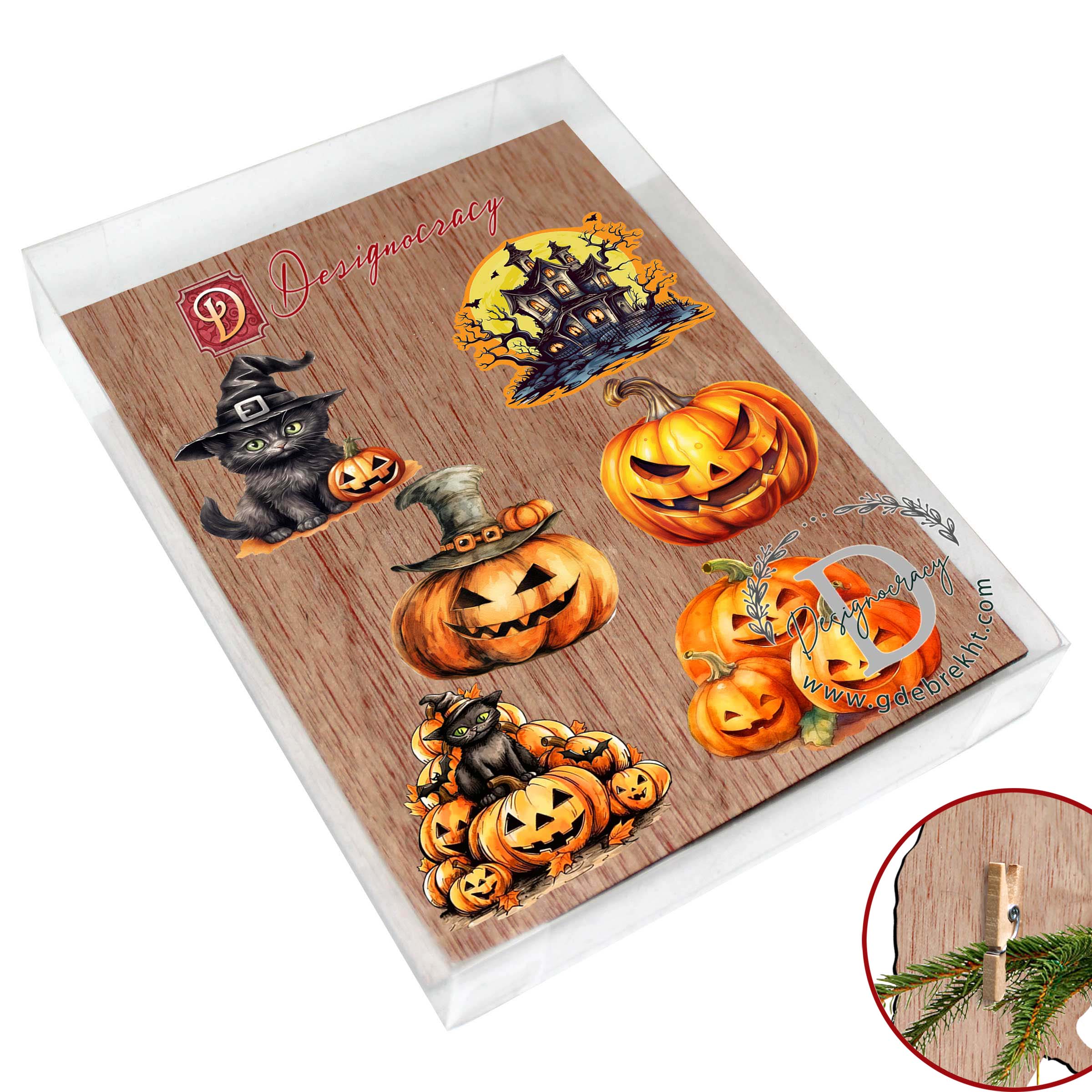 Spooky pumpkins Clip-On Eco Wood Decorative Ornaments Set of 6 by G. Debrekht - Halloween Decor - 8090019C-S6
