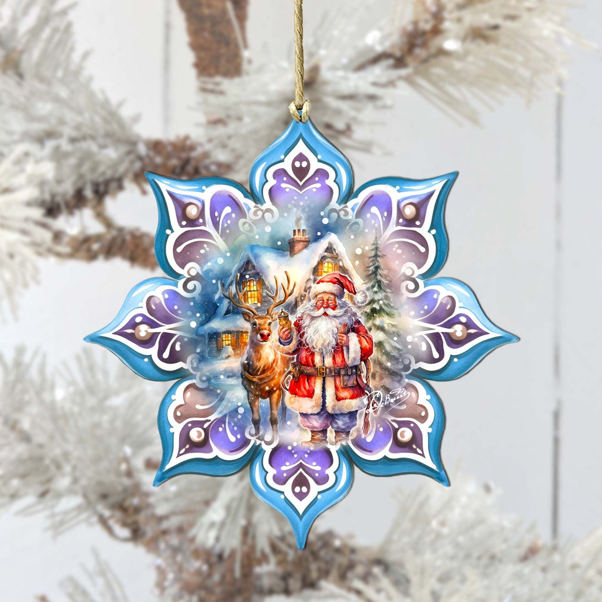 Santa with Reindeer Snowflake Wooden Ornaments by G. Debrekht - Christmas Santa Snowman Decor - 8688405