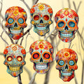 Sugar Skulls Clip-On Eco Wood Decorative Ornaments Set of 6 by G. Debrekht - Halloween Decor - 8090071C-S6