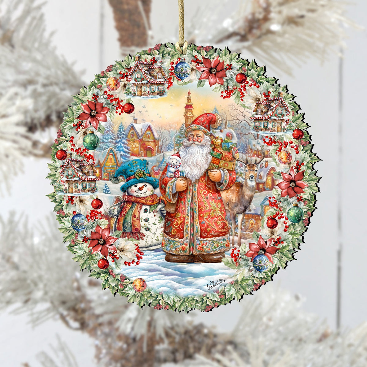 Merry Christmas Wreath Wooden Ornaments by G. Debrekht Christmas Santa Snowman Decor - 8611069