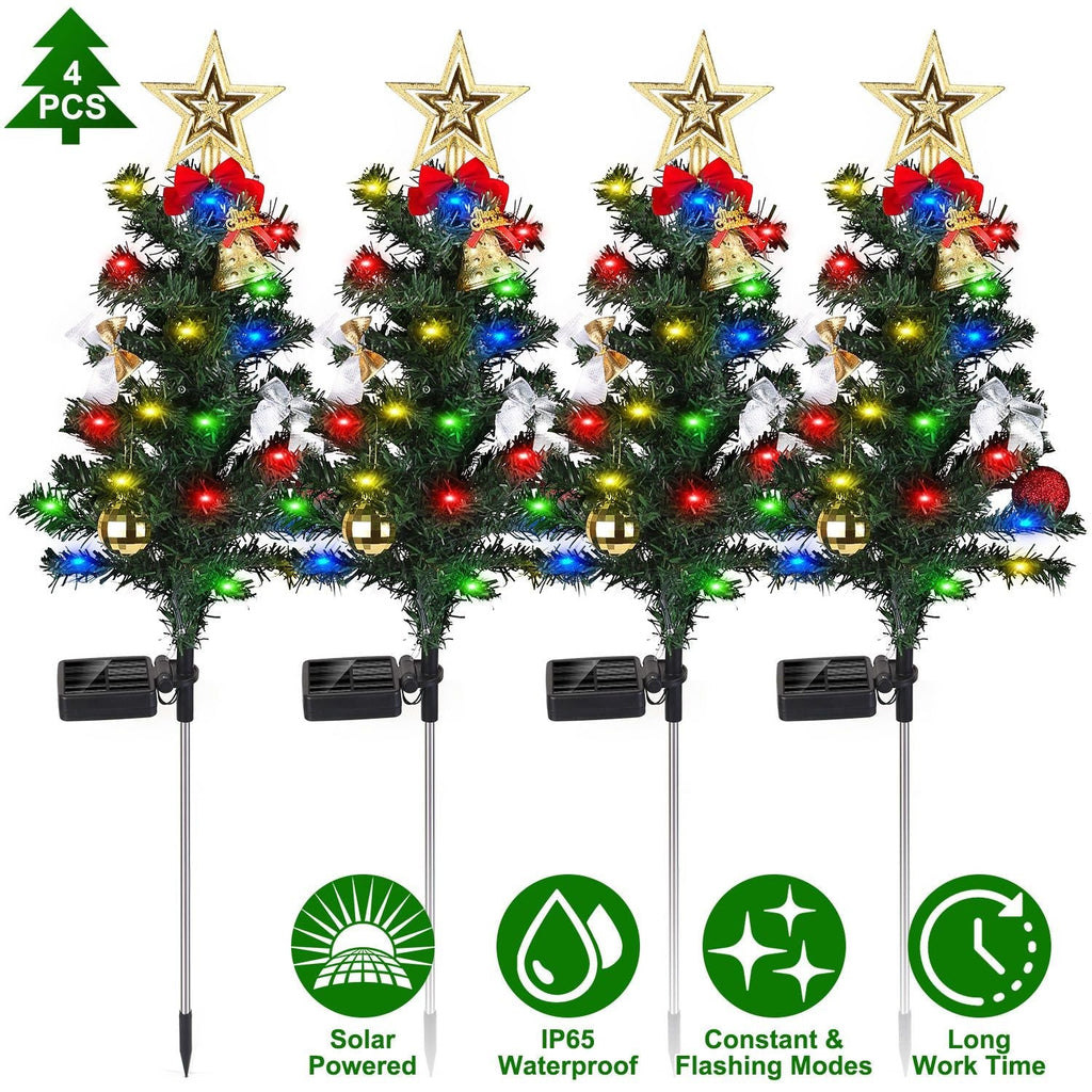 4Packs Solar Christmas Tree Lights Xmas Garden Decorations Tree Stake Lamp 20LEDs Solar Decor Light with Constant and Flashing Mode for Pathway Yard P