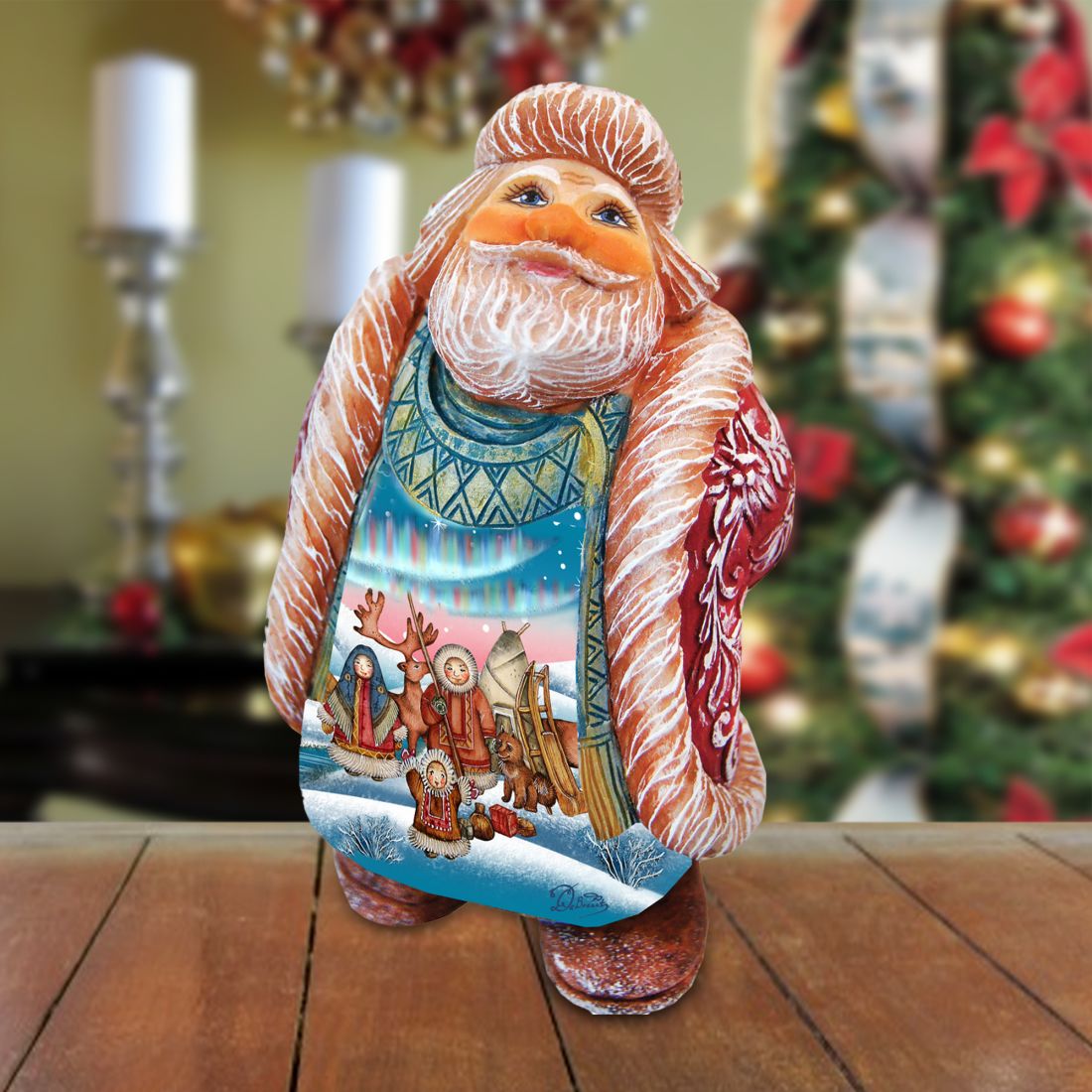 North Pole Looking Up Santa Handcrafted Christmas Figurine - G. DeBrekht - Christmas Santa Snowman Decor - 534523