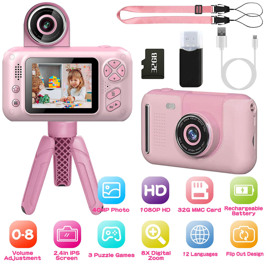 Kids Digital Camera with Flip Lens Children Video Camcorder Christmas Toy Birthday Gifts with Tripod 2.4in Screen 32G MMC Card for 3-10 Year Old Boys