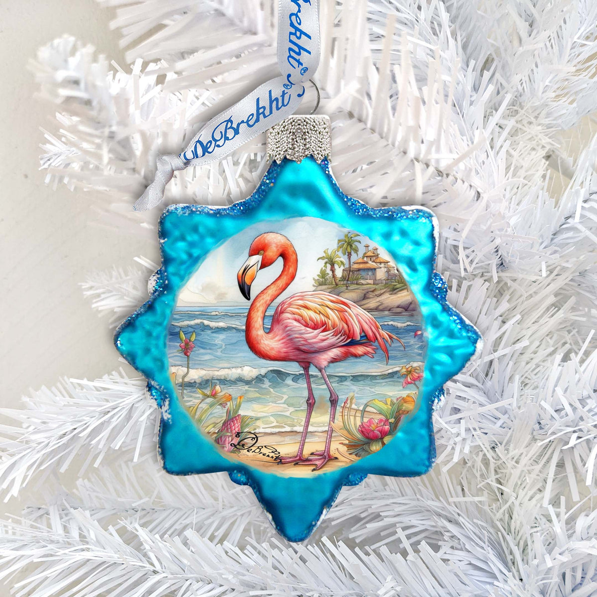 Nautical Christmas Ornaments - Flamingo Keepsake Glass Ornaments by G. Debrekht - Coastal Holiday Decor - 777394