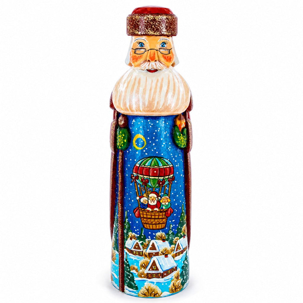 Riding on Air Balloon Hand Carved Solid Wood Santa Figurine 11 Inches