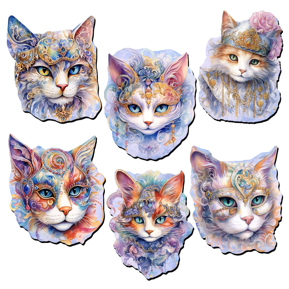 Cats Masks Decorative Eco Wood Magnets Set of 6 by G. Debrekht - Christmas Decor - 8090033G-S6
