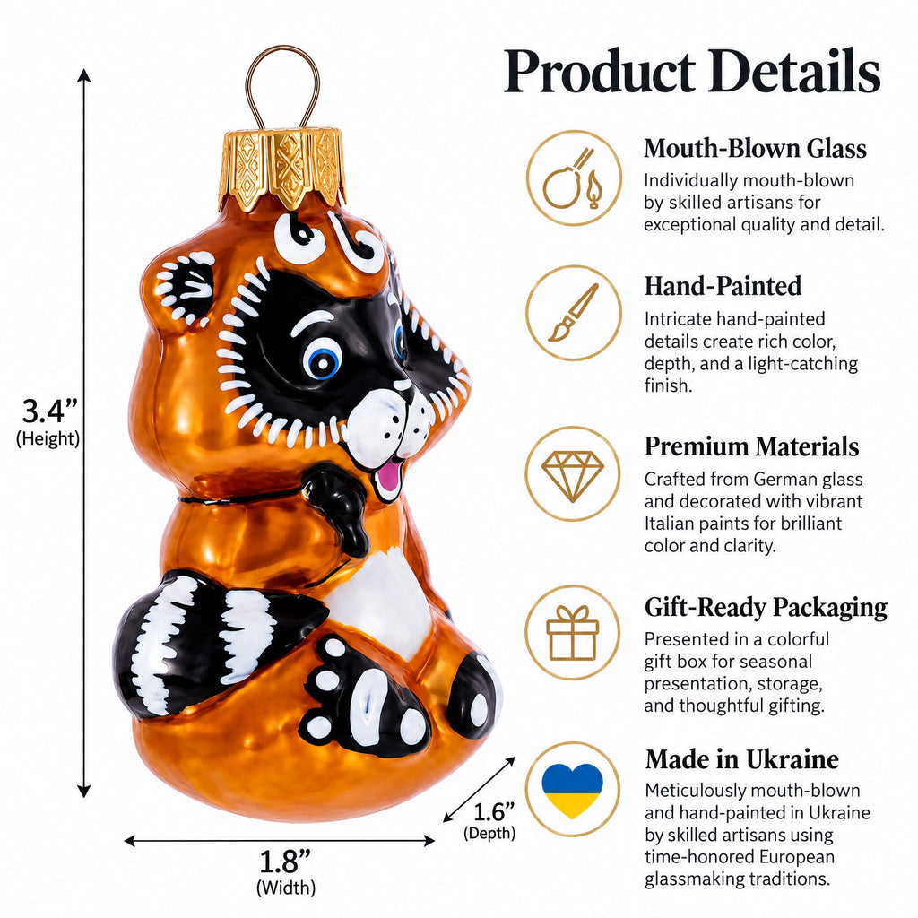 Playful Baby Raccoon Glass Christmas Ornament