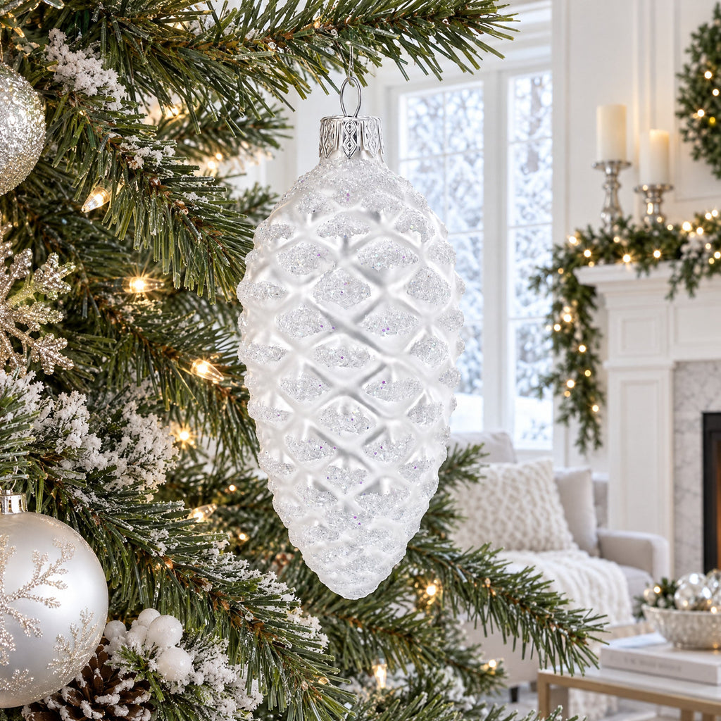 Woodland Retro Style White Pinecone Glass Christmas Ornament