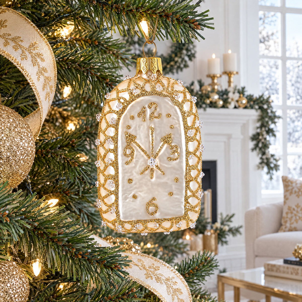 Vintage Gold Lace Clock Glass Christmas Ornament