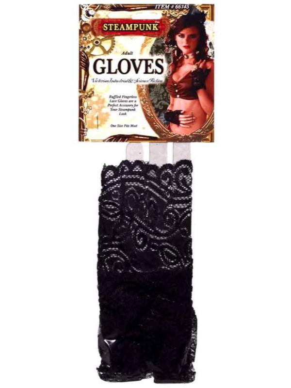 Steampunk Ruffled Black Lace Gloves